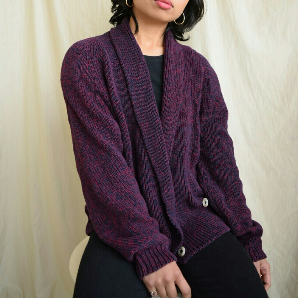 Vintage 80's shawl collar cardigan navy red Small